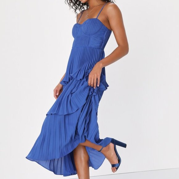 Lulus Cascading Crush Cobalt Blue Tiered Bustier Midi Dress - Size S - Picture 1 of 1